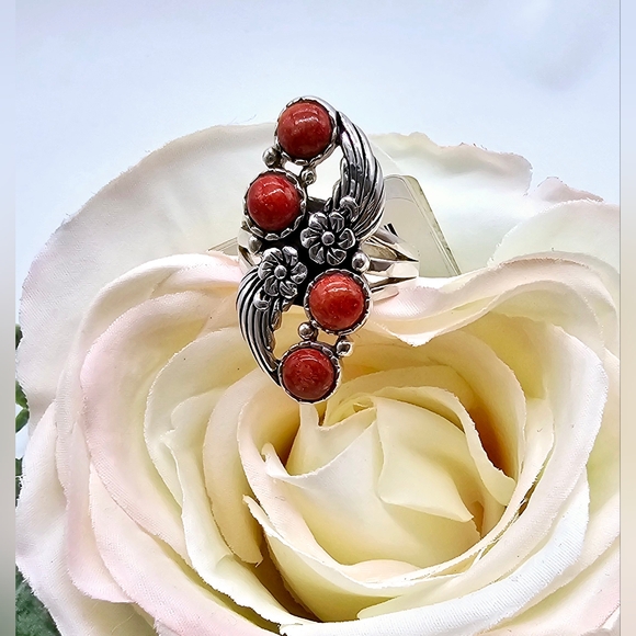♥️ CORAL FLOWER STERLING SILVER RING - Picture 4 of 4